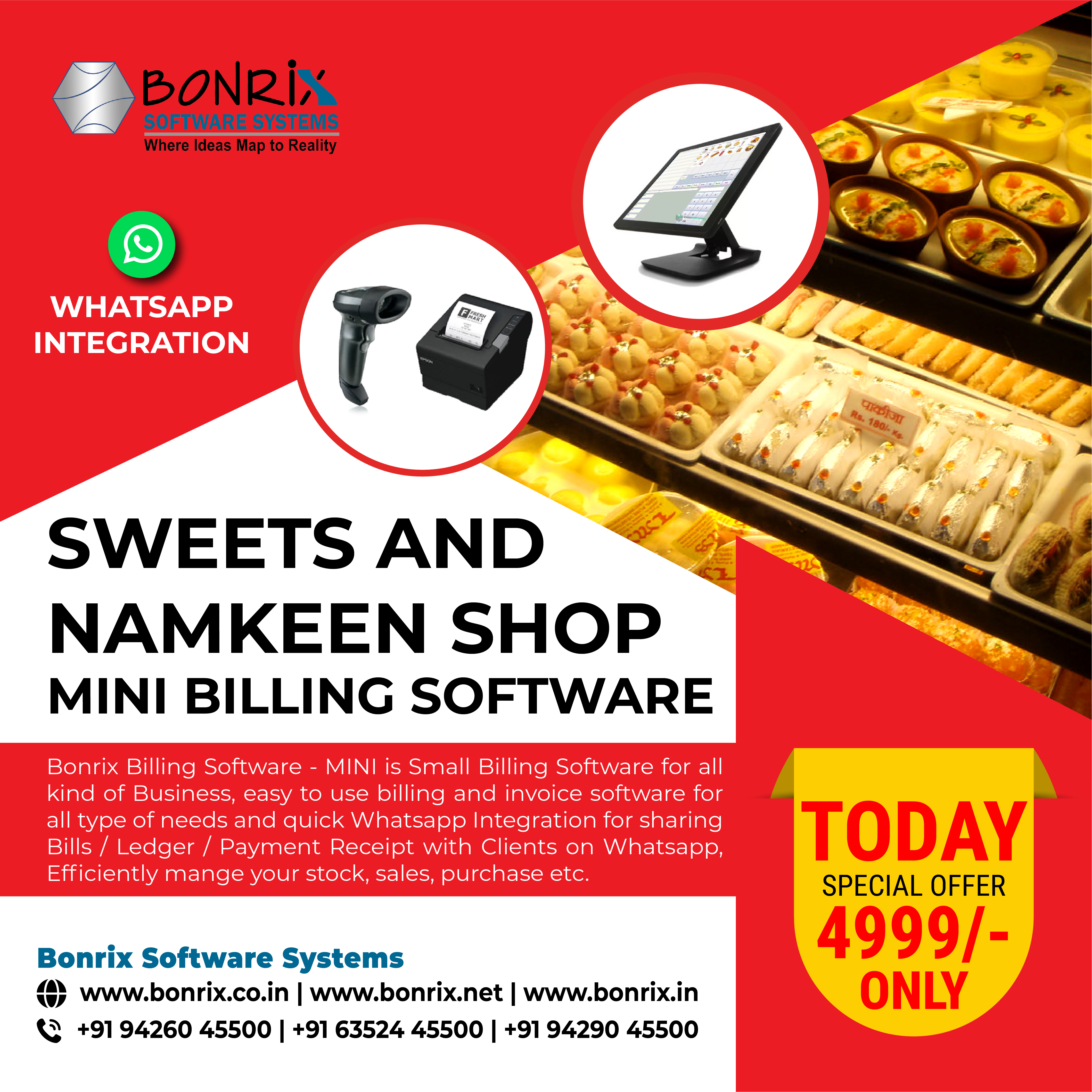Sweets and Namkeen Shop Mini Billing Software: Small billing software designed for businesses like sweet shops and namkeen stores. Includes easy-to-use billing and invoice features with WhatsApp integration for sharing bills, ledgers, and payment receipts.